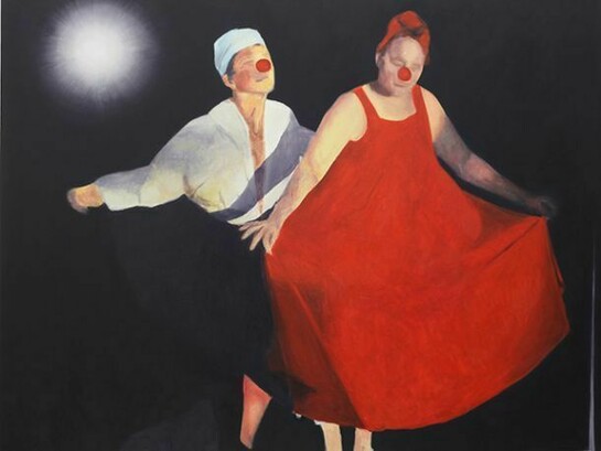 Jordan Kantor, Untitled (clown dance) (2012-13), oil on canvas, 58 x 72 inches. © Jordan Kantor and courtesy Churner and Churner, New York.