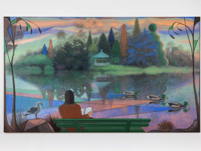 Guimi You, Green Lake, 2023. Oil on linen, 70.87 x 120.08 inches, 180 x 305 cm. Courtesy of the artist and Lehmann Maupin, New York, Hong Kong, Seoul, and London. Photo by Creative Resource