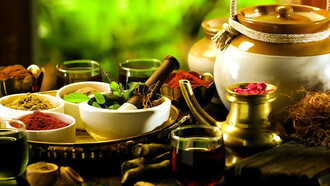 A serene display of Ayurvedic spices and a traditional teapot, evoking natural healing and balance