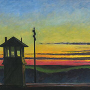 Edward Hopper, Railroad Sunset, 1929, Oil on canvas, 74.5  x 122.2 cm, Josephine N. Hopper Bequest., Inv. N.: 70.1170., New York, Whitney Museum of American Art., © Heirs of Josephine Hopper / 2019, ProLitteris, Zurich, © 2019. Digital image Whitney Museum of American Art / Licensed by Scala