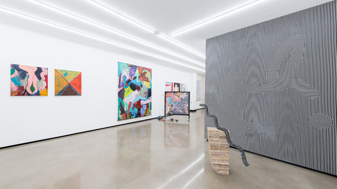 Mikey Cook, Untitled, Concrete, Anthracite, Marble And Plywood, 115x120x35cm (2016)| 'Time Slip', Acrylic & Spray On Wall, 272x235cm (2016)