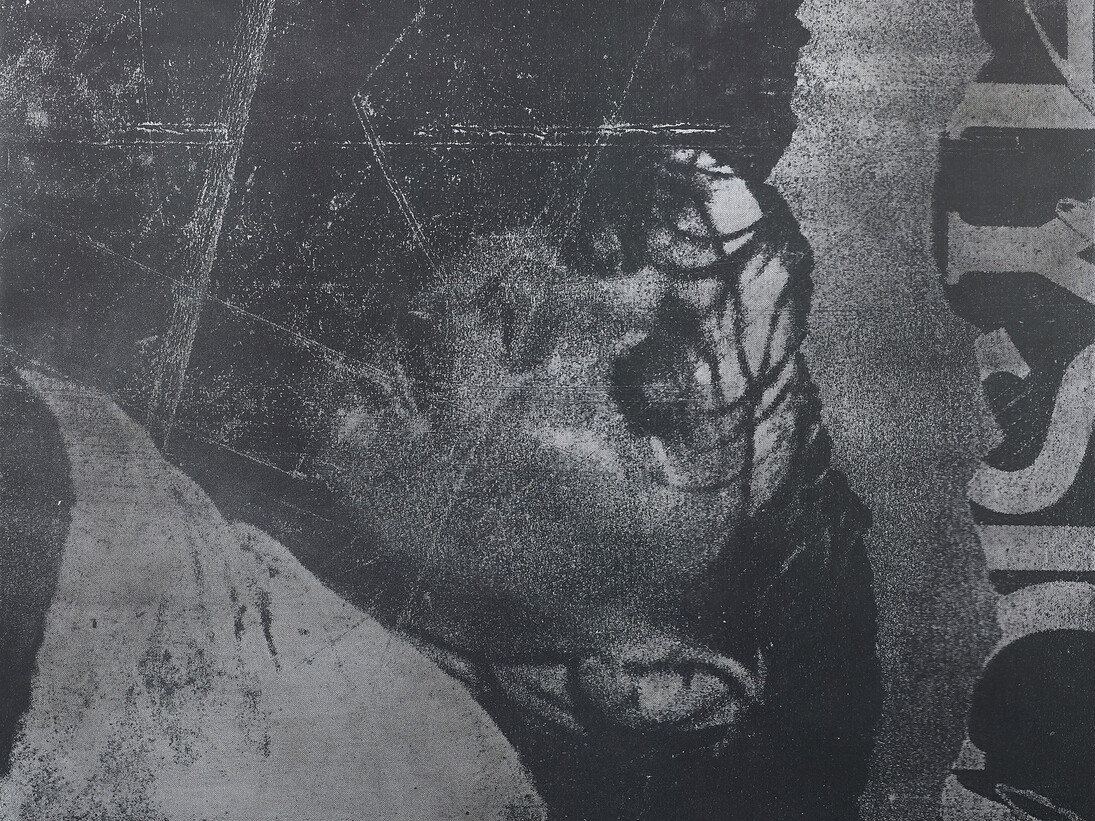 Manor Grunewald, detail of Untitled (concrete #51), 2015, oil, acrylic, spray paint, and UV print on synthetic canvas with aluminum frame, 78 11/16 x 59 inches