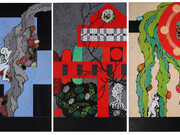 Marianna Bussola, tre Arcani Maggiori. Da sinistra: Il Papa, L’Appeso, Il Sole (2022), acrilici e matite su tela 40x70 cm 