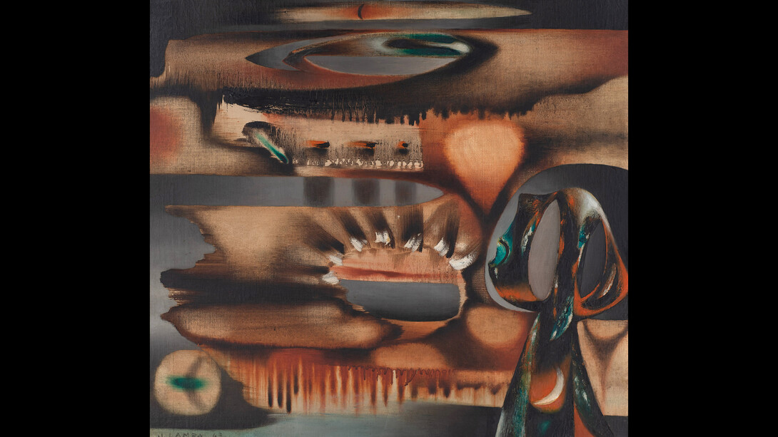 Jacqueline Lamba, France, 1910-1993, Behind the Sun, 1943, signed and dated "J. LAMBA 43" lower right, oil on canvas, 24x26 inches. Courtesy of Weinstein Gallery