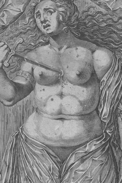 "El suicidio de Lucrecia", grabado, Bartholomeus Willemsz, 1589-1626