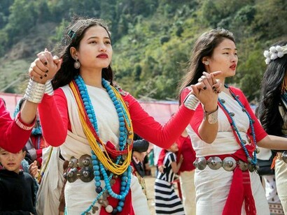 Women in a circle in the middle of nature, in Arunachal Pradesh, India