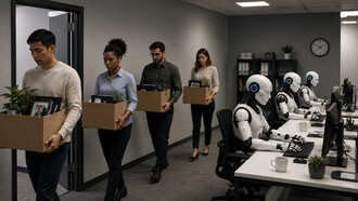 Employees carrying their possessions out of the office after losing their jobs, symbolising the fear of automation reshaping livelihoods