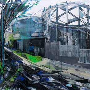 Anna Capolupo, TorinoNowhere 3, 2014, tecnica mista su carta applicata su tela, 100 × 150 cm