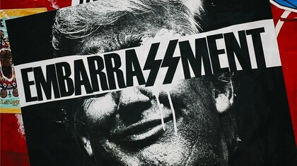 A portrait of Trump beneath the word “embarrassment,” representing the growing disgrace surrounding his leadership