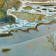 Billy Childish, man in a small boat, winter, 2013, oil and charcoal on linen, 40.55 x 120.08 inches, 103 x 305 cm