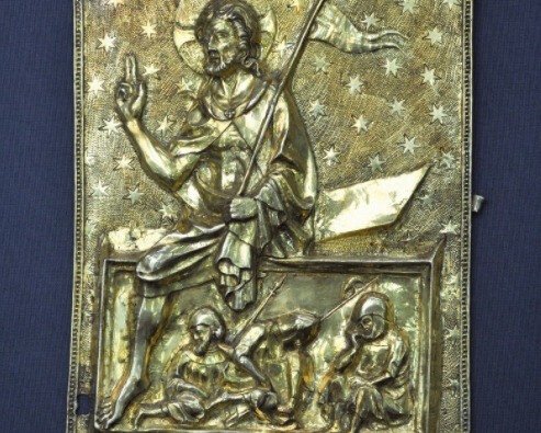 Vergoldetes Silberrelief mit der Auferstehung Christi, Frankreich, 14. Jh., Detail Reliquiendiptychon, Museum Schnütgen, Inv. G 693, Foto: Museum Schnütgen, Köln