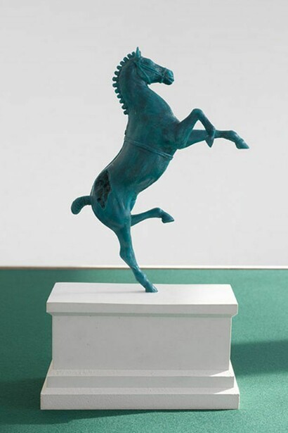 Tom Railton, Chevalier Haquenée, 2013, 1:9 scale proposal model, Verdigris/Encaustic paint, Hainsworth® Standard Holly Baize, Gypsum Plaster, Softwood, Far Eastern Plywood, Copper-coated Mild Steel