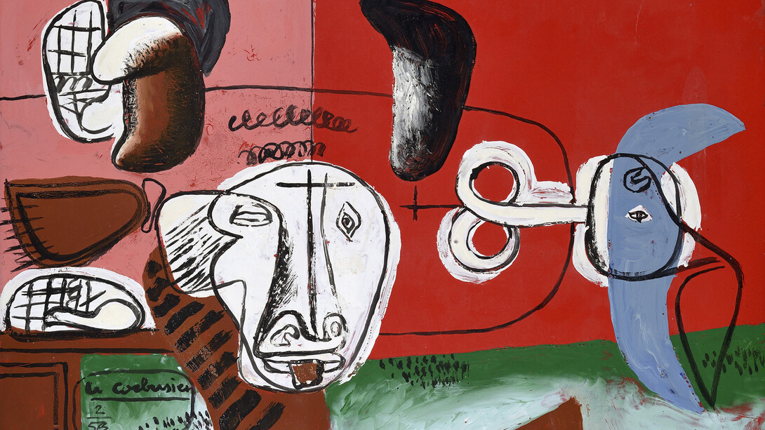Taureau, 1956, Plaque en tôle émaillée (Œuvre unique, peinte à l'émail sur tôle par Le Corbusier et cuite dans les ateliers de Jean Martin à Luynes), 46 x 55 cm, Signé dans un encadré en bas à gauche : Le Corbusier / 2/56 Monogrammé et daté au dos : L-C 56 © Fondation Le Corbusier, Paris, 2015, Courtesy Galerie Eric Mouchet – Galerie Zlotowski