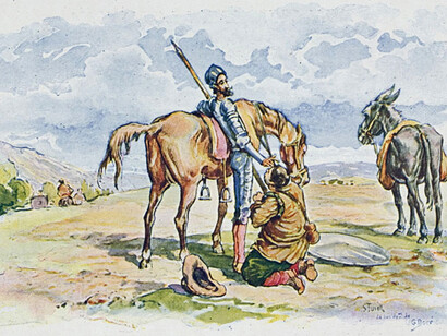 "El ingenioso hidalgo Don Quijote de la Mancha",1905, vol 1 p.139, edición adornada con acuarelas de Salvador Tusell, 1894?, sacadas de las célebres composiciones de Gustave Doré. Casa Editorial Vda. de Luis Tasso, Barcelona, España