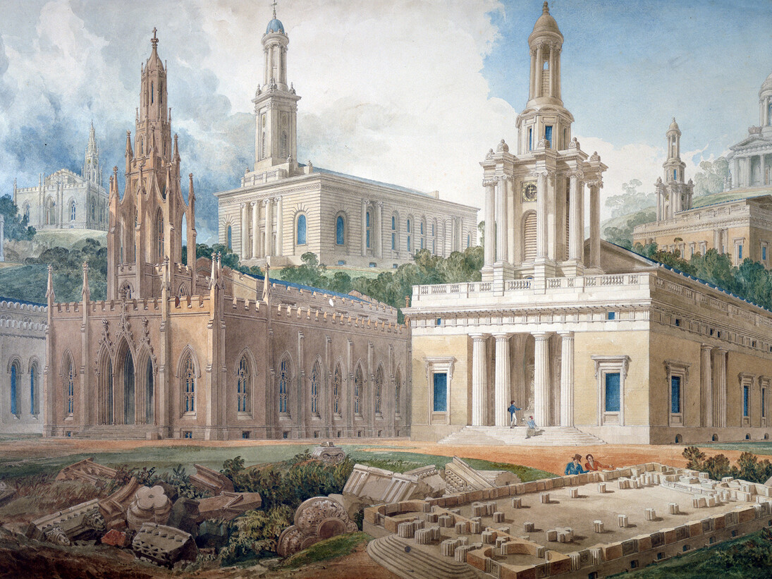 Joseph Michael Gandy, Perspective of eight designs for churches, with plan, 1834, Pencil, pen and ink and watercolour, 745 x 1320mm