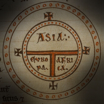 "Etymologiae", Isidoro di Siviglia. T e O "mappa mundi", mappa del mondo conosciuto, dalla prima versione stampata delle Etymologiae di Isidoro di Siviglia