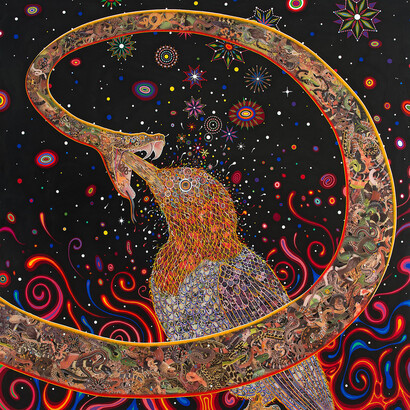 Fred Tomaselli, Penetrators (Large), 2012 Photo-collage, acrylic, resin on wood panel 72 x 72 inches