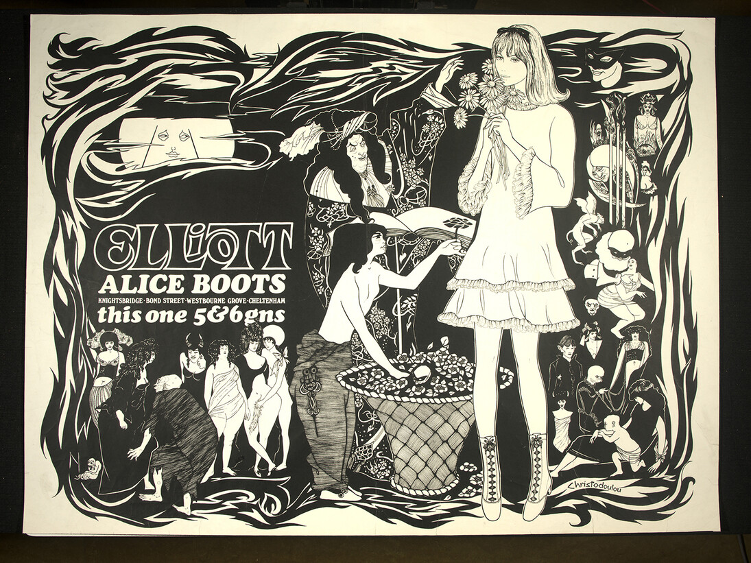 Poster advertising ladies boots manufactured by T Elliot & Sons, incorporating a pastiche of designs after Aubrey Beardsley, Artist: Unknown, Date: 1960s © Victoria and Albert Museum, London
