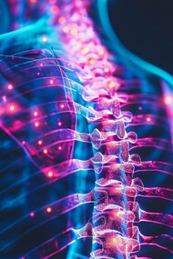 A digitally enhanced image of a human torso reveals the intricate network of bones and nerves in the spine, highlighting the crucial role of the lumbar region in supporting the upper body and emphasizing the internal structures related to lower back
