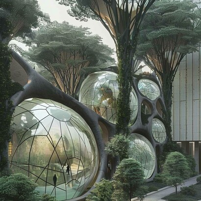 Esempio di bioarchitettura dove habitat e ambiente coesistono. Immagine creata da Midjourney 