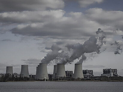 Photograph of billowing white smoke emanating from nuclear power plants and fossil fuel facilities