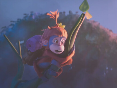 Ozi gripping a tree in a scene from the movie Ozi: Voice of the Forest