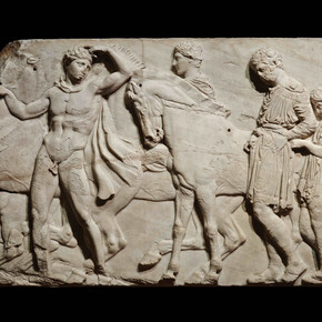 Unmounted youths preparing for the cavalcade, block from the north frieze of the Parthenon,about438–432 BC, Marble, © The Trustees of the British Museum