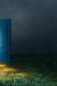 Open door collage depicting transition from darkness to light, leading to sunny, grassy land