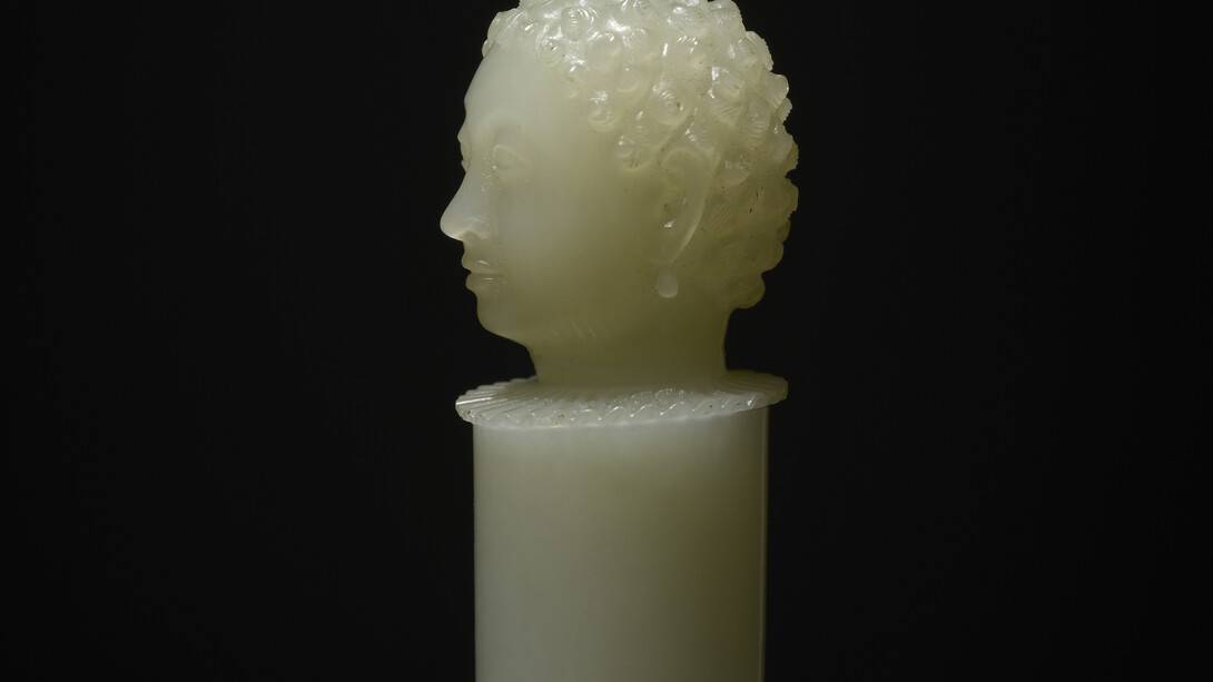 Dagger (kard) with European Head, North India, Mughal, ca. 1620–25 (hilt), 1629–36 (blade), Watered steel blade, inlaid with gold; jade hilt, L. (overall) 11-3/4 in. (29.7 cm), L. (jade hilt) 4-3/8 in. (11.1 cm), Inscribed: sahib-i qiran sani 2 (Second Lord of the Conjunction, regnal year 2, or possibly 9), Al-Thani Collection. Image: © Servette Overseas Limited 2013. All rights reserved.