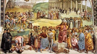 Luca Signorelli, Predica e punizione dell'anticristo, 1501, cappella di San Brizio, Duomo di Orvieto, Italia