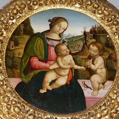 Madonna con il Bambino e San Giovanni Battista, Scuola peruginesco-pintoricchiesca, prima metà del sec. XVI, tempera su tavola