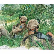Steve Mumford. Far from relaxed, these Lima Co, 3/6 Marines on a patrol out of Camp Coutu, Marja, are watching for insurgent activity while an Explosives and Ordinance Demolition team defuses a large improvised explosive device meant for our patrol, 2010. Pencil and watercolor on paper. Courtesy of the artist and Postmasters Gallery, New York. © Steve Mumford