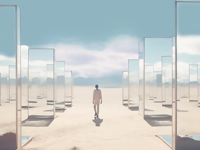 Explore surreal geometric shapes in the stark desert, delving into perception, perspective, and human senses with captivating visuals