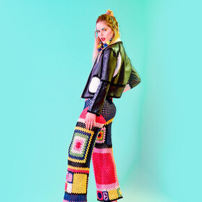 Outfit made from leather off-cuts and surplus yarn, Katie Jones, 2017. Photograph by Rachel Mann