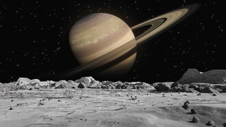 Gazing from the lunar surface, one is treated to a spectacular vista of Saturn, a celestial marvel suspended in the cosmic tapestry, offering a truly awe-inspiring spectacle
