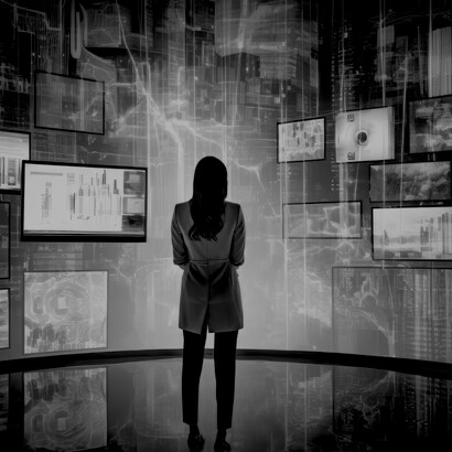 A human silhouette bathed in shifting light from countless digital displays, caught between reality and code