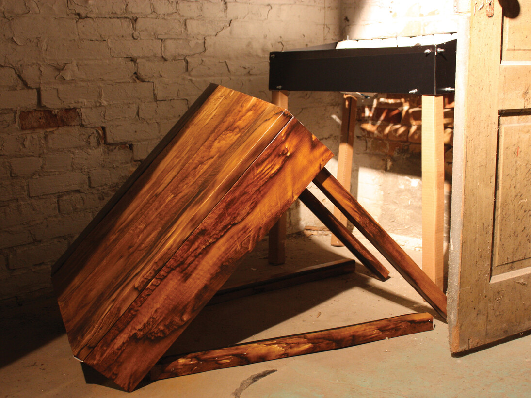 Hilary Wilder, Greatest American Hero (Thoreau's Desk Eight Times), 2011 – 2014, hand-painted Yupo paper each desk 35 x 29 x 23 inches, installation dimensions variable, courtesy of the artist