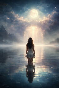 Standing at the threshold between water and sky, she faces the quiet language of the unconscious—where reflection becomes revelation and the path inward begins