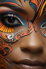 African beautiful young woman looks at the camera gracefully with colors on her face