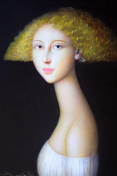 Alfonso Rocchi, 68AB – Fanciulla con cardo, Oil on Board, 15.5” x 12”, Courtesy of Agora Gallery