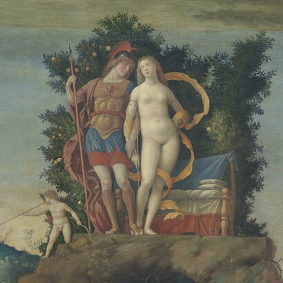 Andrea Mantegna, Parnaso, 1497. Dettaglio dell'allegoria di Isabella d'Este come Venere e suo marito Francesco Gonzaga come Marte. Louvre, Parigi, Francia