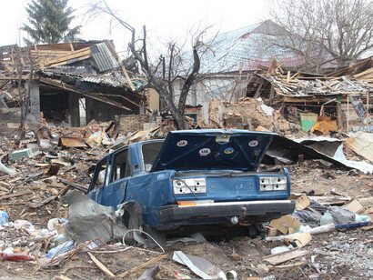 During the 2022 Russian invasion, Borodianka, a settlement in Kyiv Oblast, Ukraine, was heavily damaged by intense shelling and bombing