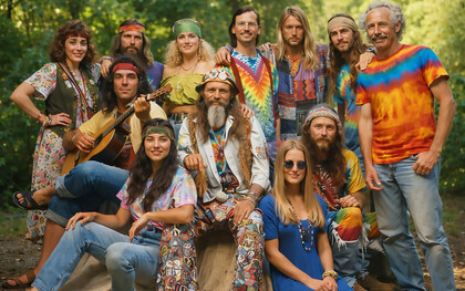 A collective portrait of the hippie movement, where fashion becomes identity—flowing silhouettes, handcrafted details, and psychedelic color express a shared commitment to freedom, community, and resistance to conformity