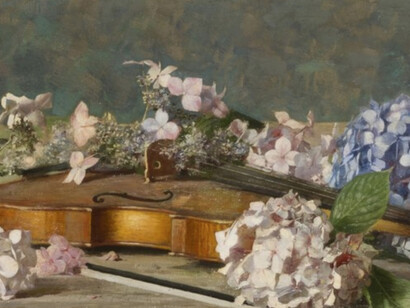 Emilio Longoni, Ortensie, olio su tela, 39 x 74 cm