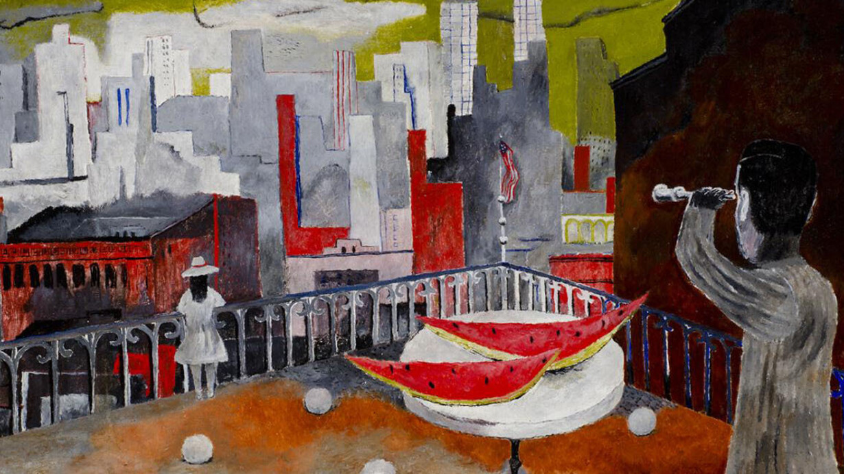 Rufino Tamayo, New York Seen from the Terrace [Nueva York desde la terraza], 1937, oil on canvas, 20 3/8 x 34 3/8 in. FEMSA Collection. © Tamayo Heirs/Mexico/Licensed by VAGA, New York, NY. Photo by Roberto Ortiz