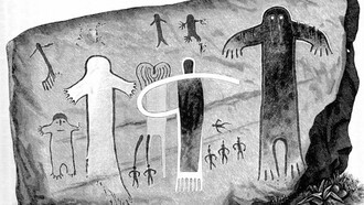 Representación histórica de los pictogramas indígenas de Painted Rock (Condado de Tulare, California), registrada por Garrick Mallery en 1889. Estas figuras antropomorfas en las paredes de la reserva nativa son asociadas por la tradición Yokut con el mito de Mayak Datat (el "Hombre Peludo")