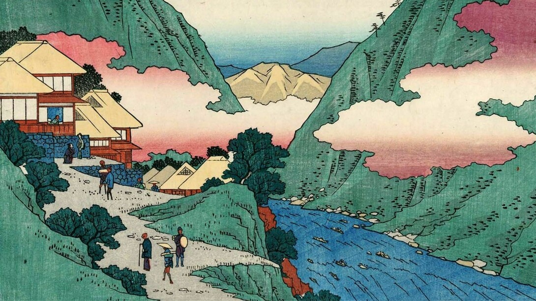 Estampa japonesa en xilografía, Sokokura, de la serie Siete aguas termales de Hakone (Hakone shichiyu zue) de Utagawa Hiroshige, 1852