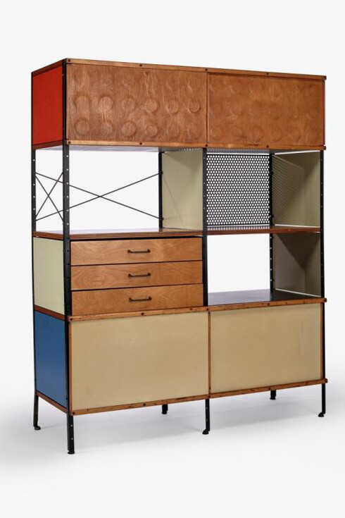 Charles and Ray Eames, Eames Storage Unit (ESU), about 1949. Birch plywood, laminated plywood, enameled Masonite, fiberglass, and enameled steel; 59 × 27 × 17 in. Manufactured by Herman Miller, Zeeland, Michigan. Denver Art Museum: Funds, by exchange, from Mr. and Mrs. John C. Mitchell II, Calvina Morse Vaupel in memory of Calvin Henry Morse, Mrs. George Cranmer, Charles E. Stanton, Charles Bayly Jr. Collection, Mrs. Claude Boettcher, Dr. Charles F. Shollenberger, Mr. Ronald S. Kane, Frances Charsky, Dorothy Retallack, Mrs. Alfred B. Bell, Charles William Brand, Doris W. Pritchard, Mrs. F. H. Douglas, Mrs. Calista Struby Rees, and Jane Garnsey O'Donnell, 2017.208. © Eames Office LLC (eamesoffice.com). Photograph © Denver Art Museum