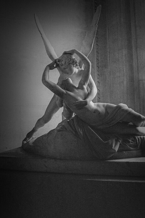 También conocida como Psique reanimada por el beso del amor, esta escultura neoclásica en mármol representa la bella historia de Cupido y Psique de las Metamorfosis de Apuleyo