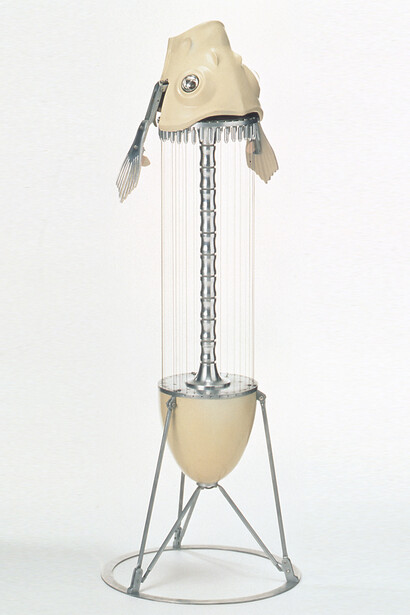 Maywa Denki, GM Na-Tate-Goto (Fish Harp), 1994, aluminum, ABS, lamp, solenoid, 98 x 36 x 36 cm
